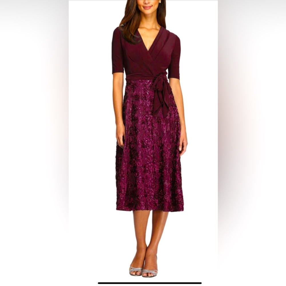 Alex Evening Mixed Media midi cocktail dress